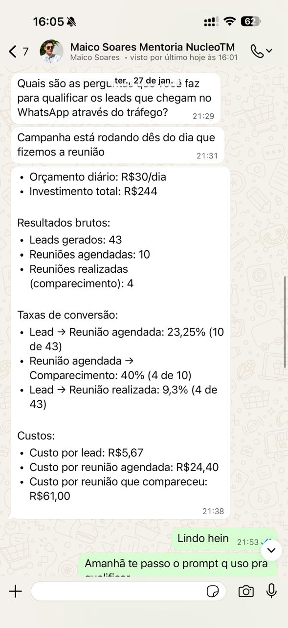 Depoimento de Maico Soares com relatório de resultados da campanha: 43 leads gerados, 10 reuniões agendadas e taxas de conversão detalhadas.